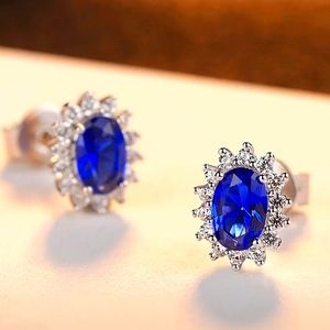 S925 Lab Created Sapphire Oval Halo Studded Earrings